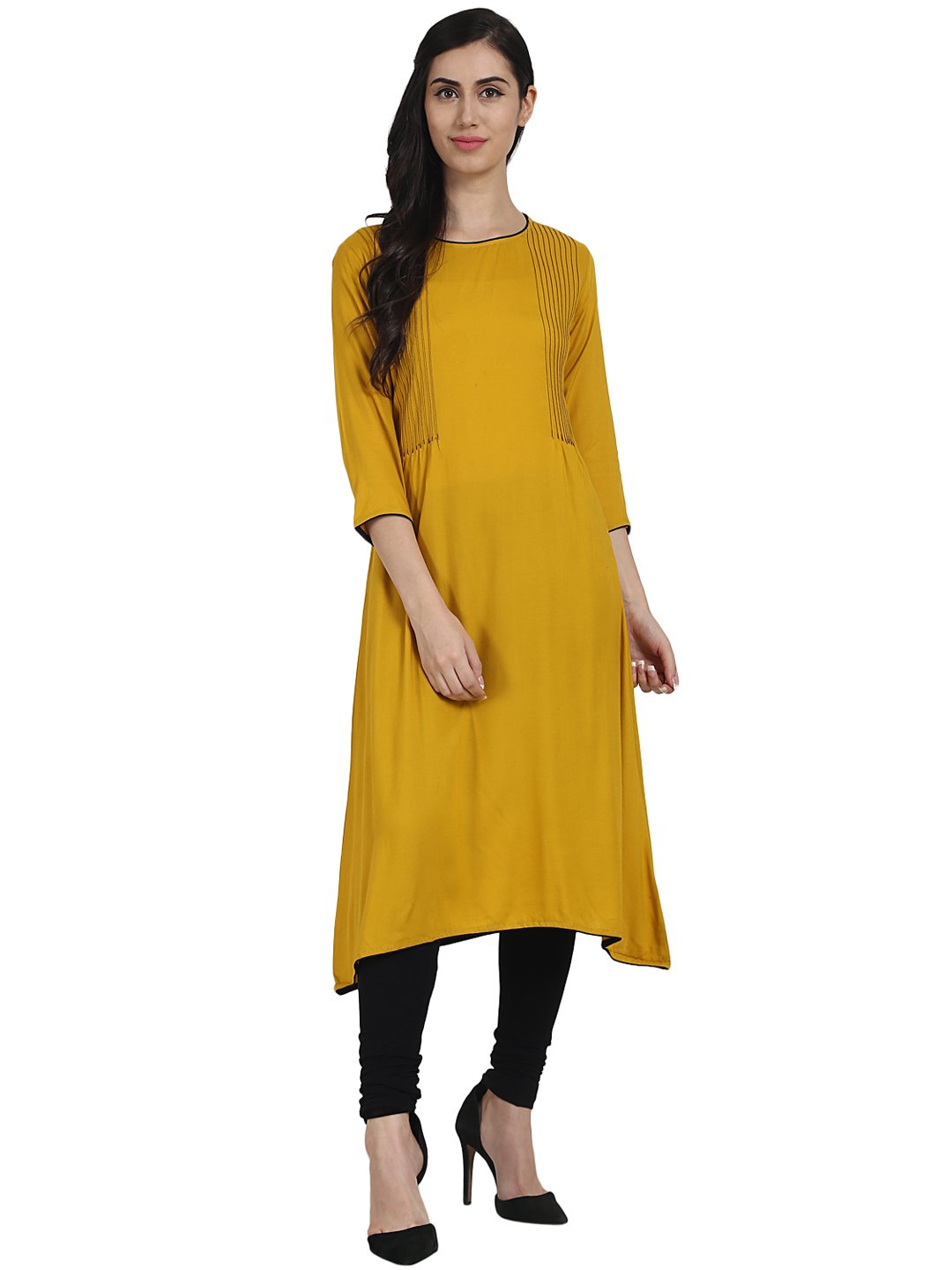 Solid Yellow 3/4Th Sleeve Rayon A-Line Kurta With Pleats Work At Yoke | LASVINI - Redefining Indian Fashion with Elegance