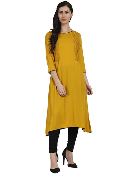 Solid Yellow 3/4Th Sleeve Rayon A-Line Kurta With Pleats Work At Yoke | LASVINI - Redefining Indian Fashion with Elegance