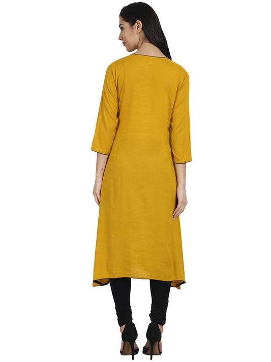 Solid Yellow 3/4Th Sleeve Rayon A-Line Kurta With Pleats Work At Yoke | LASVINI - Redefining Indian Fashion with Elegance