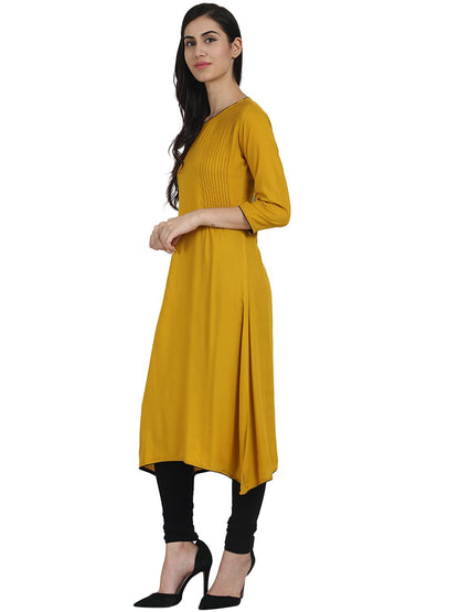 Solid Yellow 3/4Th Sleeve Rayon A-Line Kurta With Pleats Work At Yoke | LASVINI - Redefining Indian Fashion with Elegance