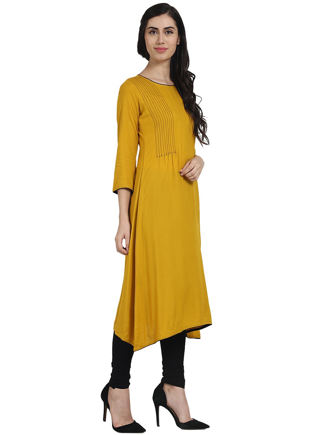 Solid Yellow 3/4Th Sleeve Rayon A-Line Kurta With Pleats Work At Yoke | LASVINI - Redefining Indian Fashion with Elegance