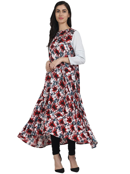 Red Printed 3/4Th Sleeve Rayon Anarkali Kurta | LASVINI - Redefining Indian Fashion with Elegance