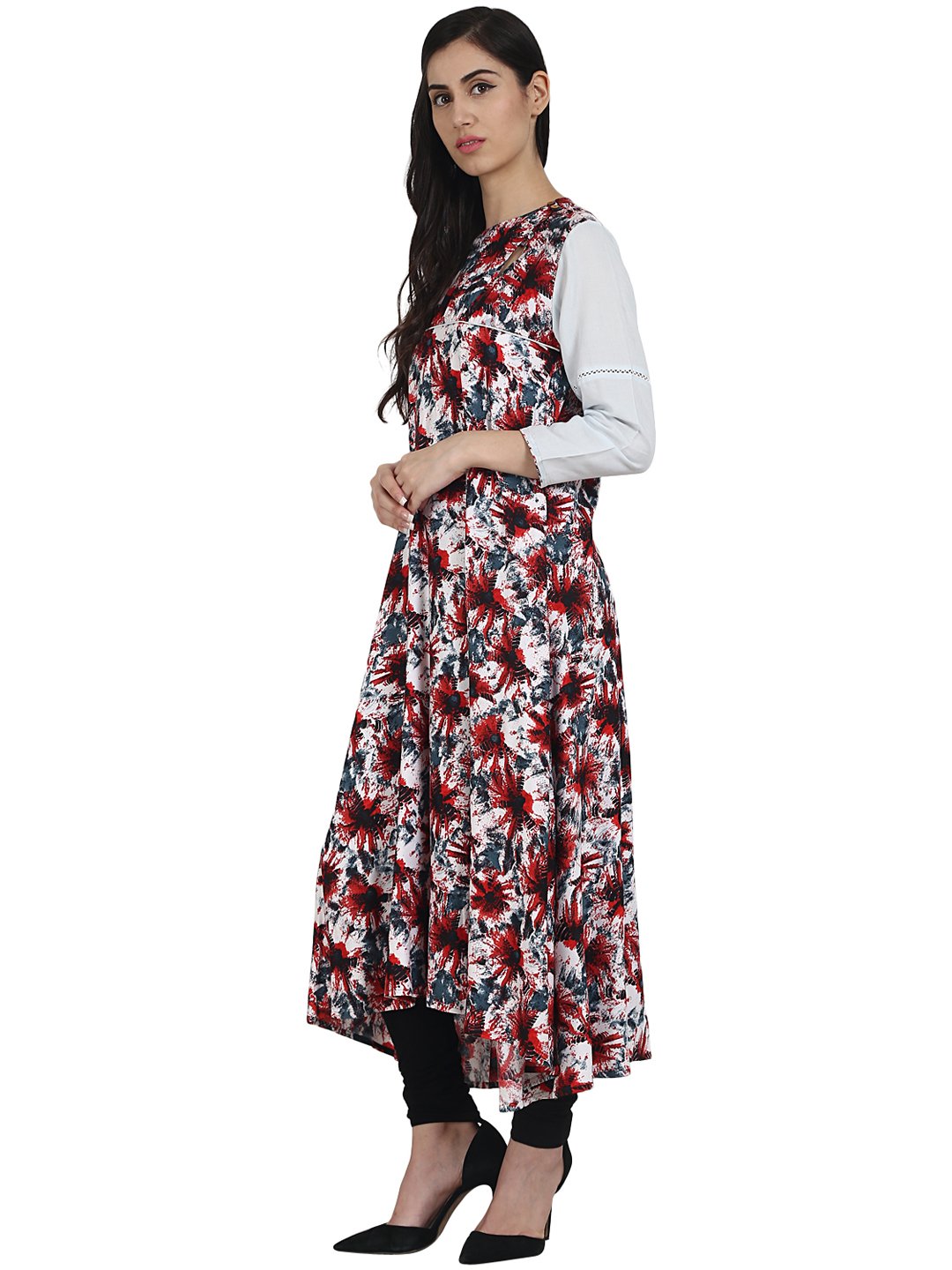 Red Printed 3/4Th Sleeve Rayon Anarkali Kurta | LASVINI - Redefining Indian Fashion with Elegance