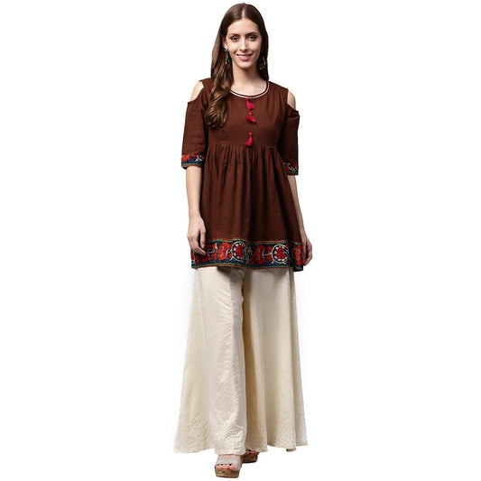 Coffee Color 3/4Th Sleeve Cold Shoulder Cotton Cropped Anarkali Kurta | LASVINI - Redefining Indian Fashion with Elegance