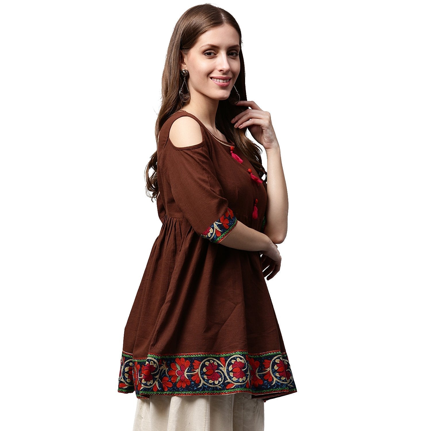 Coffee Color 3/4Th Sleeve Cold Shoulder Cotton Cropped Anarkali Kurta | LASVINI - Redefining Indian Fashion with Elegance