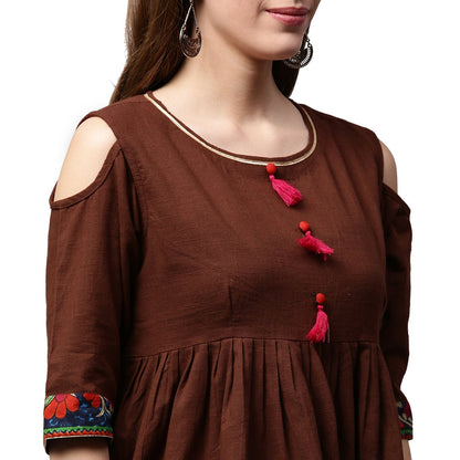 Coffee Color 3/4Th Sleeve Cold Shoulder Cotton Cropped Anarkali Kurta | LASVINI - Redefining Indian Fashion with Elegance