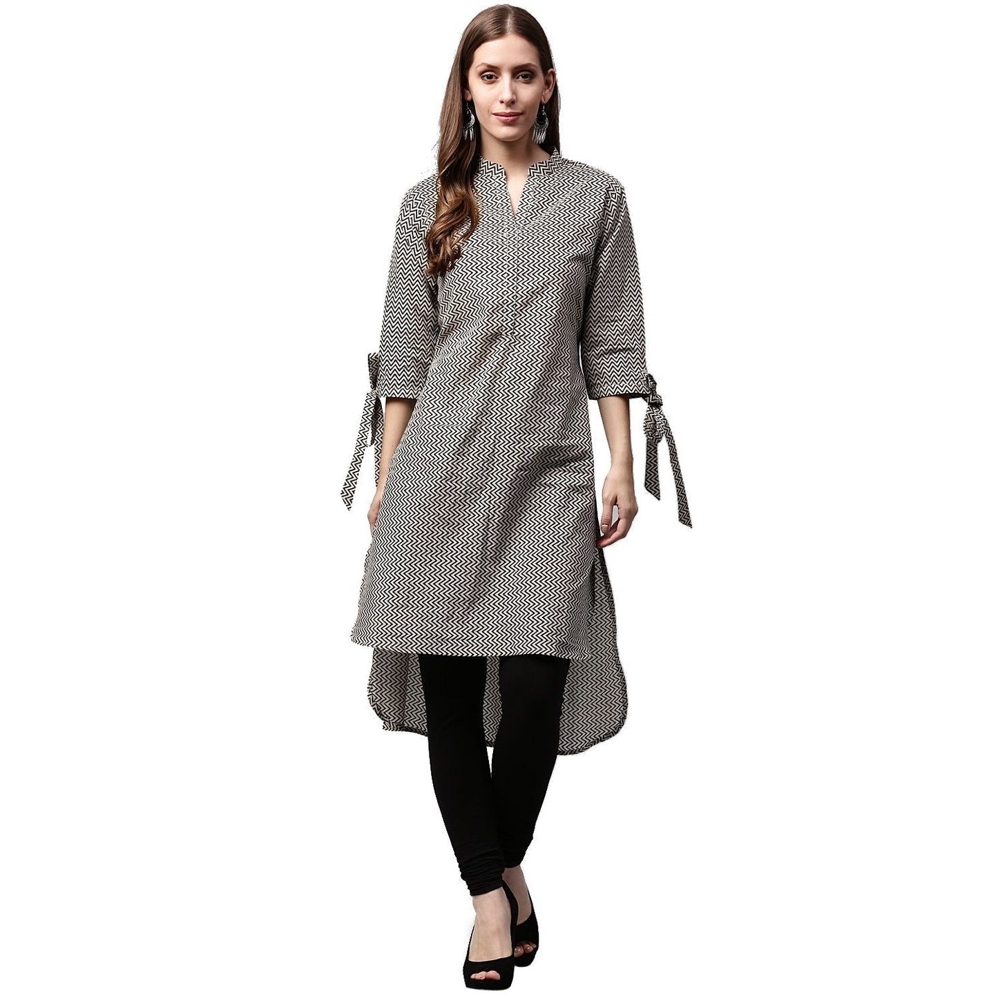 Black Printed 3/4Th Sleeve Cotton Low High Kurta | LASVINI - Redefining Indian Fashion with Elegance