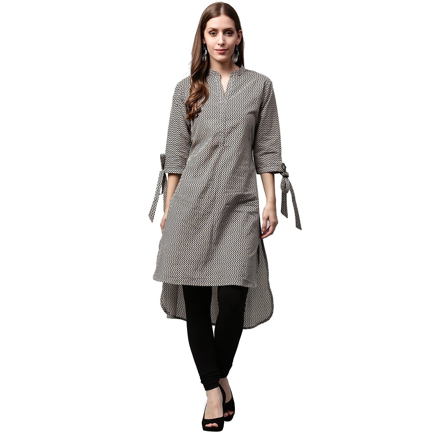 Black Printed 3/4Th Sleeve Cotton Low High Kurta | LASVINI - Redefining Indian Fashion with Elegance