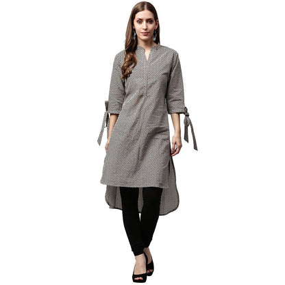 Black Printed 3/4Th Sleeve Cotton Low High Kurta | LASVINI - Redefining Indian Fashion with Elegance