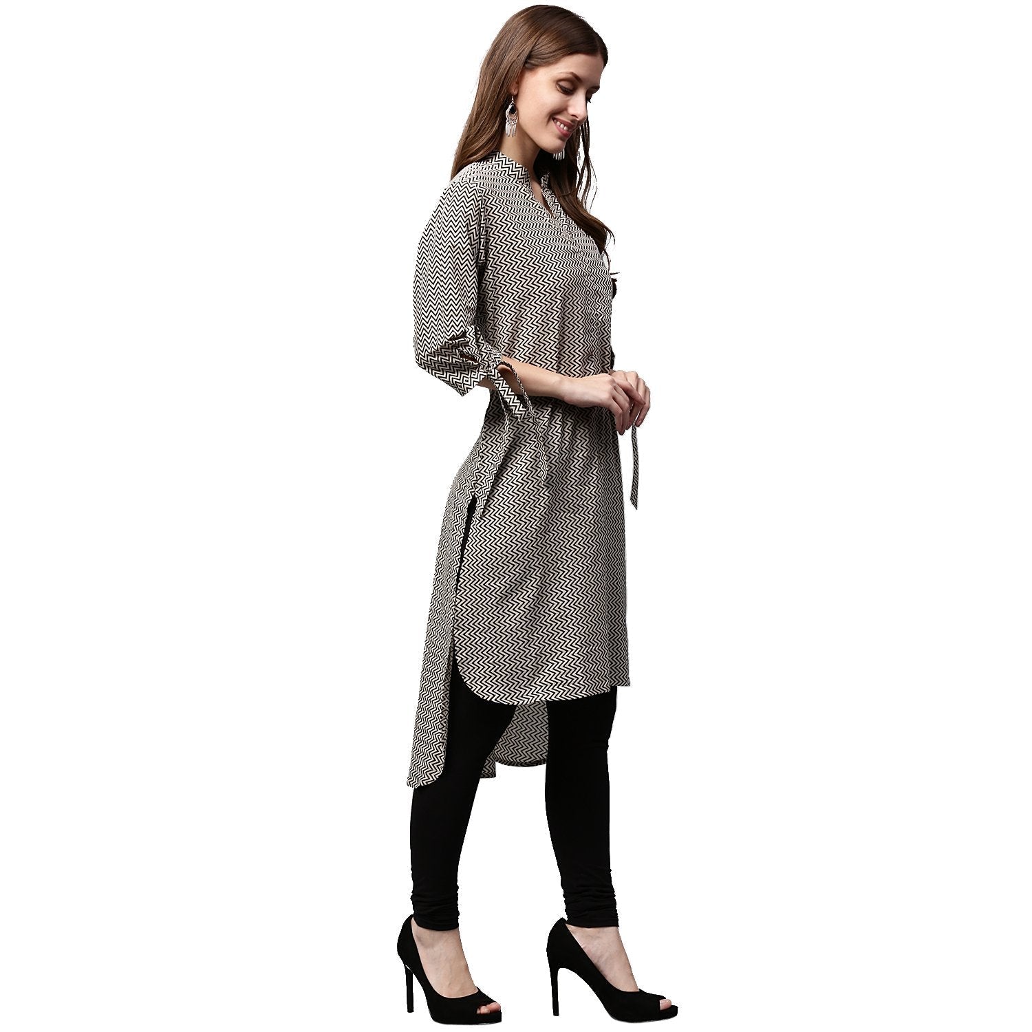 Black Printed 3/4Th Sleeve Cotton Low High Kurta | LASVINI - Redefining Indian Fashion with Elegance