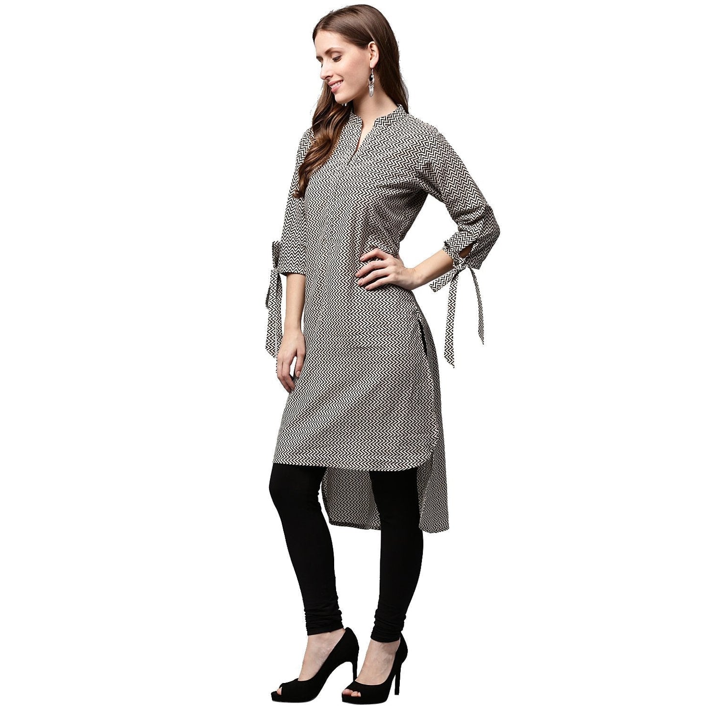 Black Printed 3/4Th Sleeve Cotton Low High Kurta | LASVINI - Redefining Indian Fashion with Elegance