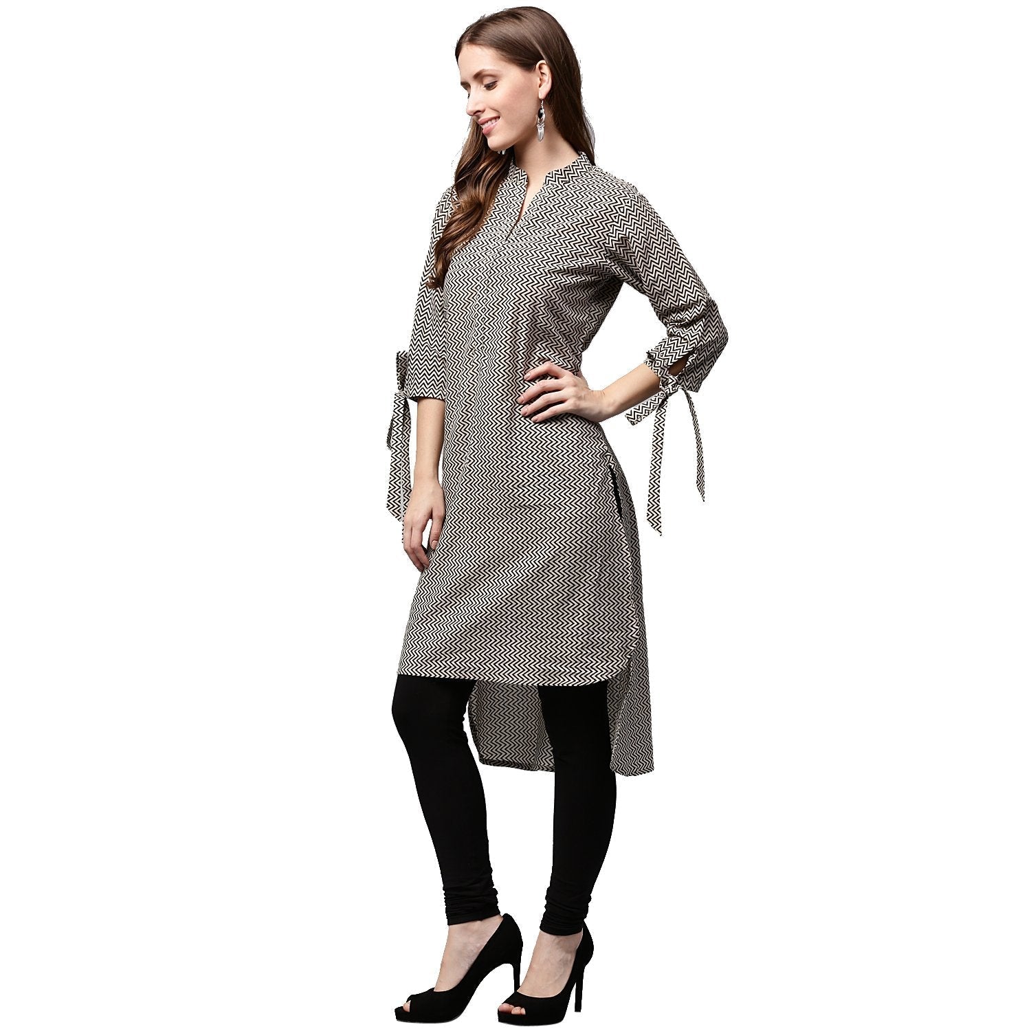 Black Printed 3/4Th Sleeve Cotton Low High Kurta | LASVINI - Redefining Indian Fashion with Elegance