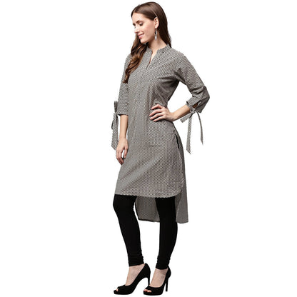 Black Printed 3/4Th Sleeve Cotton Low High Kurta | LASVINI - Redefining Indian Fashion with Elegance