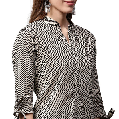 Black Printed 3/4Th Sleeve Cotton Low High Kurta | LASVINI - Redefining Indian Fashion with Elegance