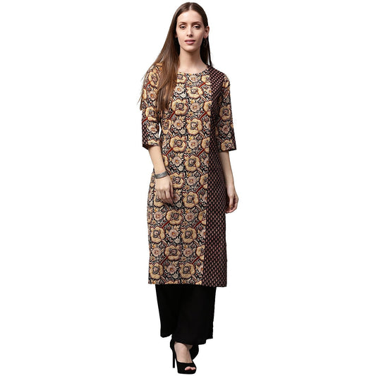 Yellow & Black Printed 3/4Th Sleeve Cotton Straight Kurta | LASVINI - Redefining Indian Fashion with Elegance