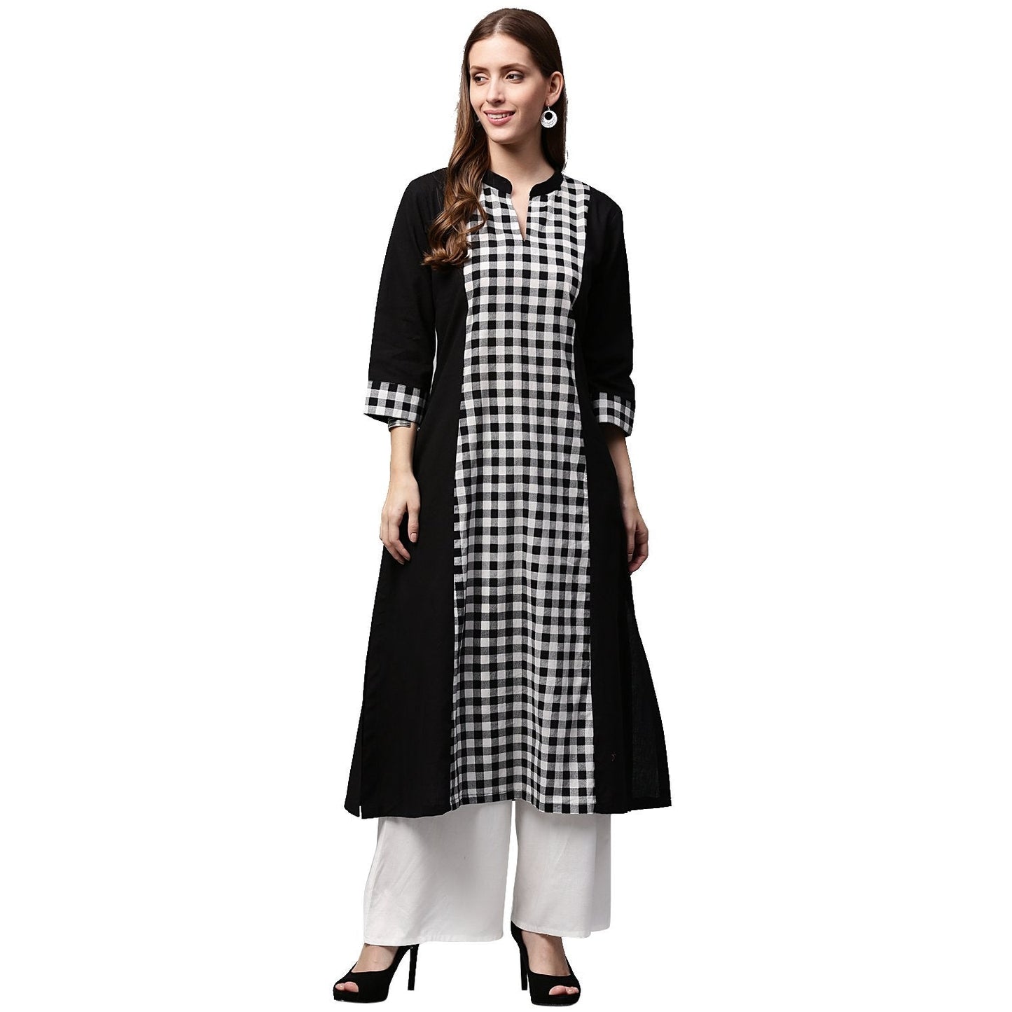 Black Printed 3/4Th Sleeve Cotton A-Line Kurta | LASVINI - Redefining Indian Fashion with Elegance