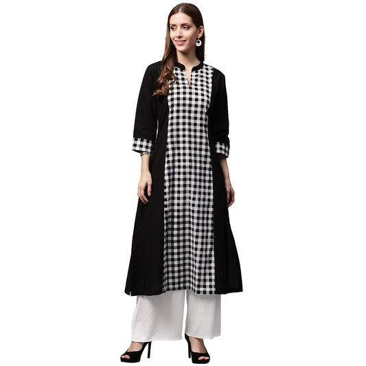 Black Printed 3/4Th Sleeve Cotton A-Line Kurta | LASVINI - Redefining Indian Fashion with Elegance