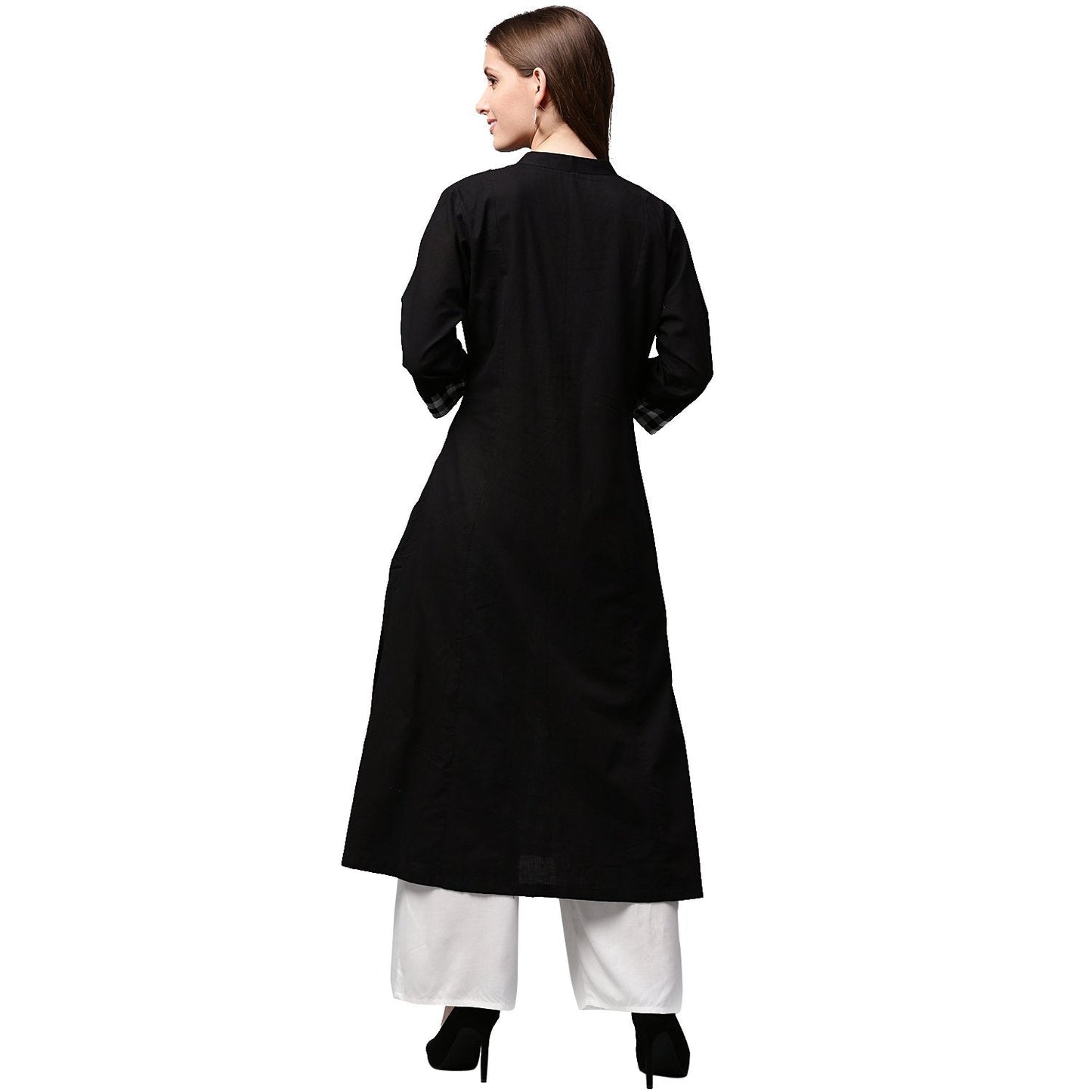 Black Printed 3/4Th Sleeve Cotton A-Line Kurta | LASVINI - Redefining Indian Fashion with Elegance