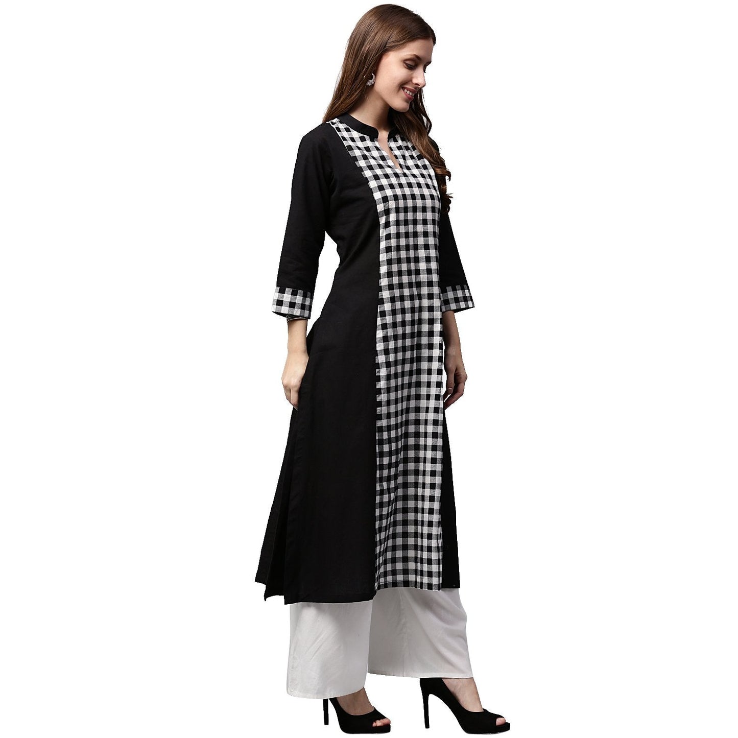 Black Printed 3/4Th Sleeve Cotton A-Line Kurta | LASVINI - Redefining Indian Fashion with Elegance