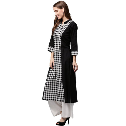 Black Printed 3/4Th Sleeve Cotton A-Line Kurta | LASVINI - Redefining Indian Fashion with Elegance