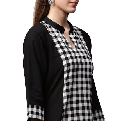 Black Printed 3/4Th Sleeve Cotton A-Line Kurta | LASVINI - Redefining Indian Fashion with Elegance