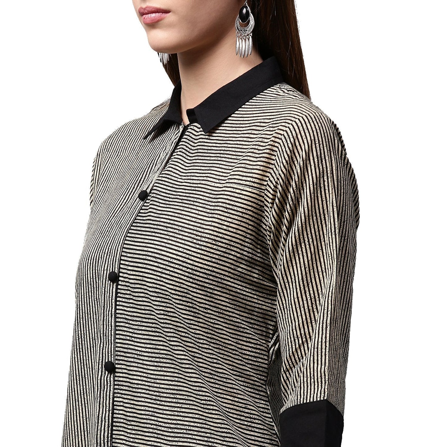 Black Printed 3/4Th Sleeve Cotton Front Open Kurta | LASVINI - Redefining Indian Fashion with Elegance
