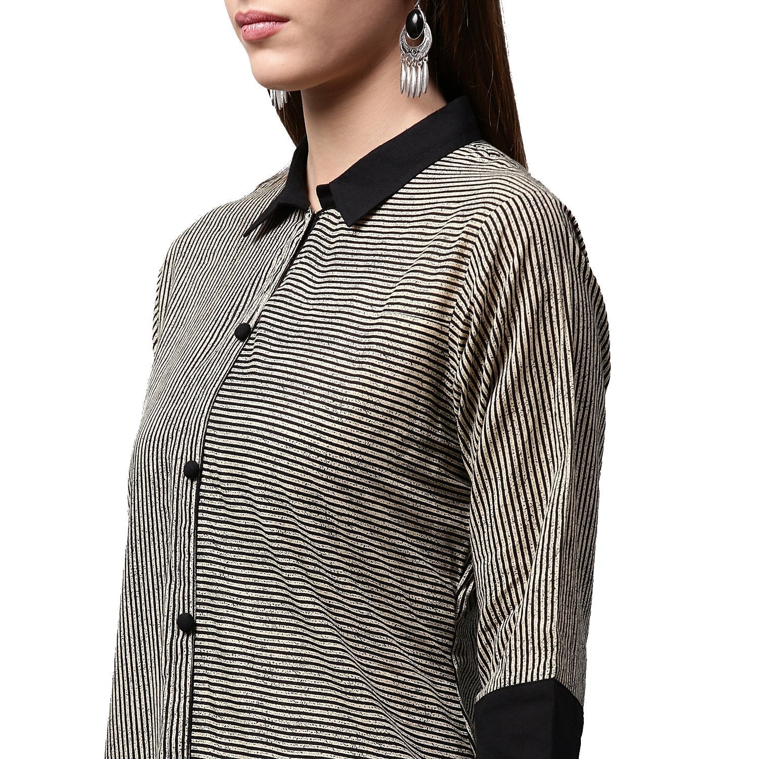 Black Printed 3/4Th Sleeve Cotton Front Open Kurta | LASVINI - Redefining Indian Fashion with Elegance