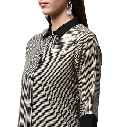 Black Printed 3/4Th Sleeve Cotton Front Open Kurta | LASVINI - Redefining Indian Fashion with Elegance