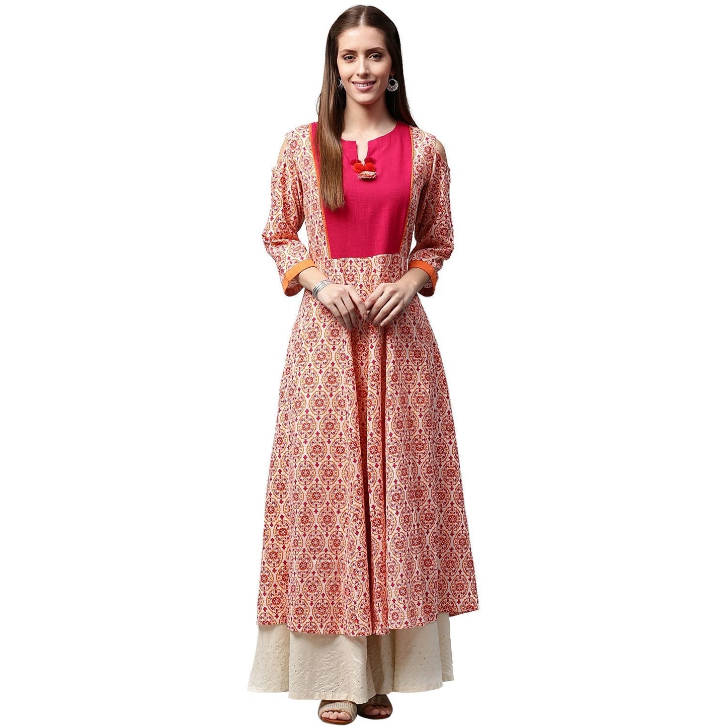 Peach Printed 3/4Th Sleeve Cold Shoulder Cotton Slub Anarkali Kurta | LASVINI - Redefining Indian Fashion with Elegance