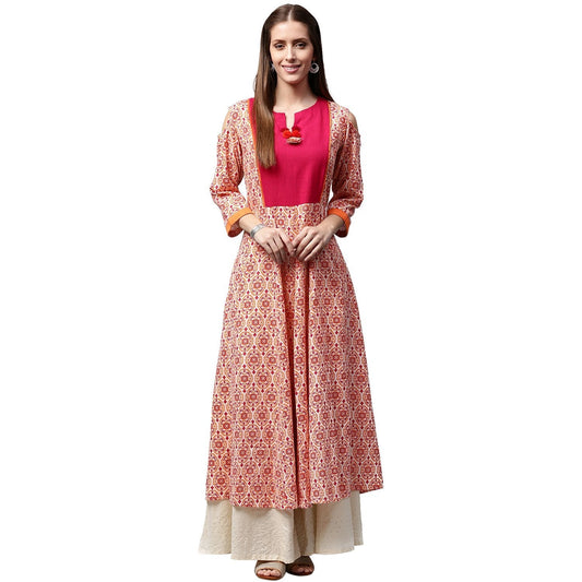 Peach Printed 3/4Th Sleeve Cold Shoulder Cotton Slub Anarkali Kurta | LASVINI - Redefining Indian Fashion with Elegance