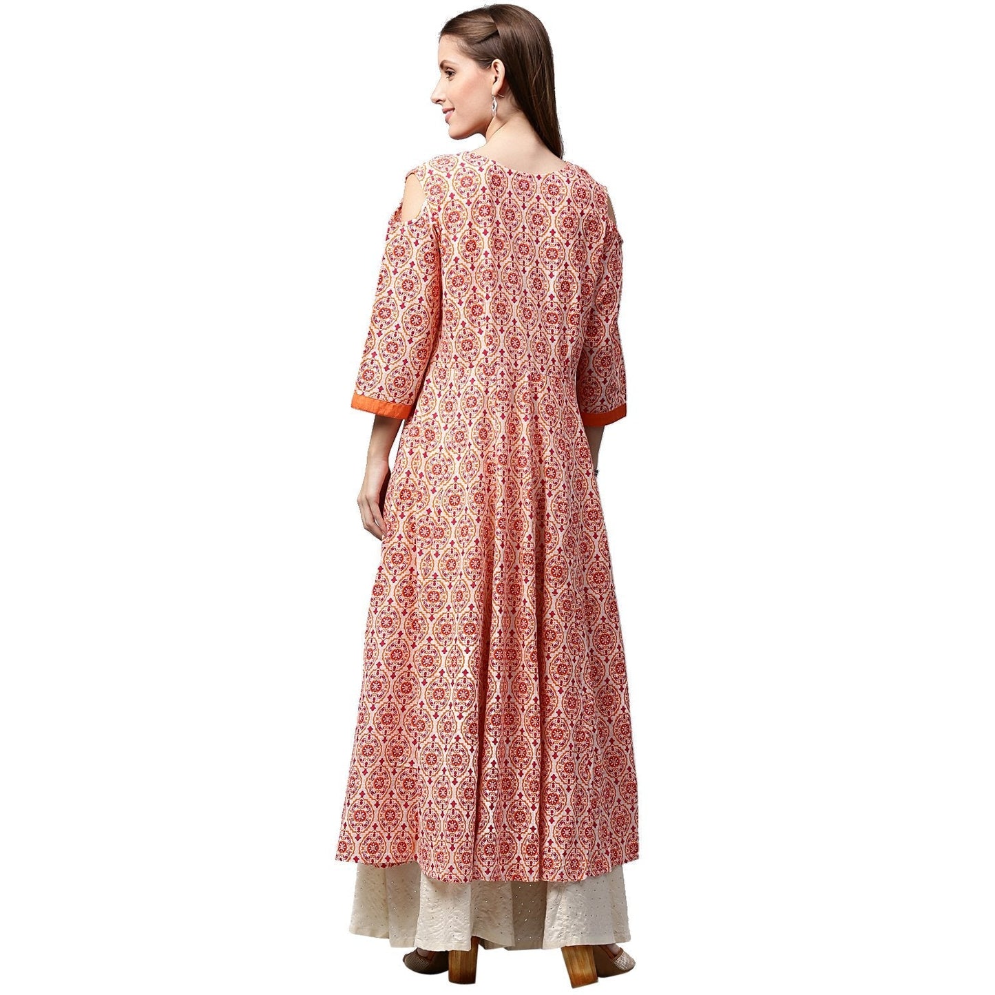 Peach Printed 3/4Th Sleeve Cold Shoulder Cotton Slub Anarkali Kurta | LASVINI - Redefining Indian Fashion with Elegance