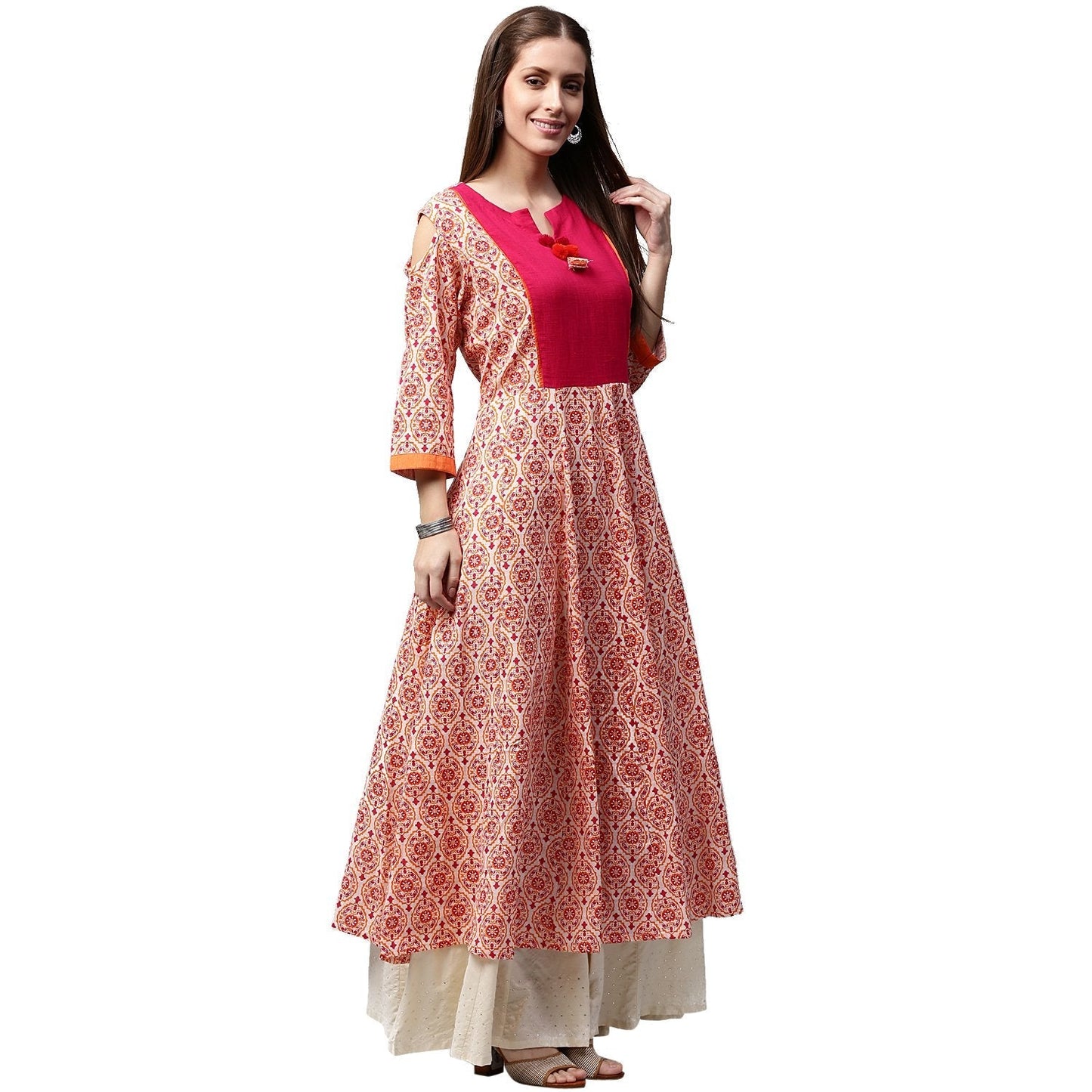 Peach Printed 3/4Th Sleeve Cold Shoulder Cotton Slub Anarkali Kurta | LASVINI - Redefining Indian Fashion with Elegance