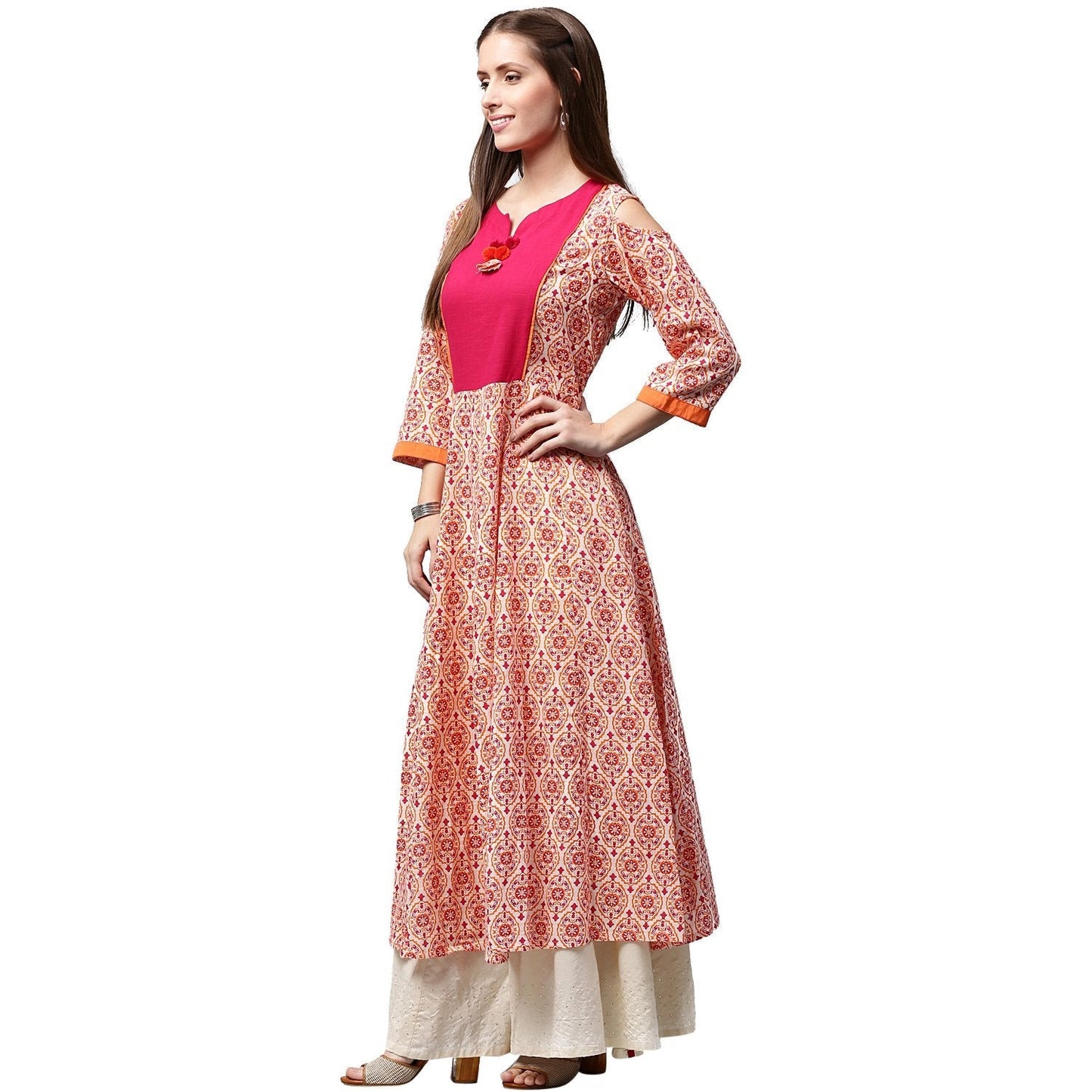 Peach Printed 3/4Th Sleeve Cold Shoulder Cotton Slub Anarkali Kurta | LASVINI - Redefining Indian Fashion with Elegance