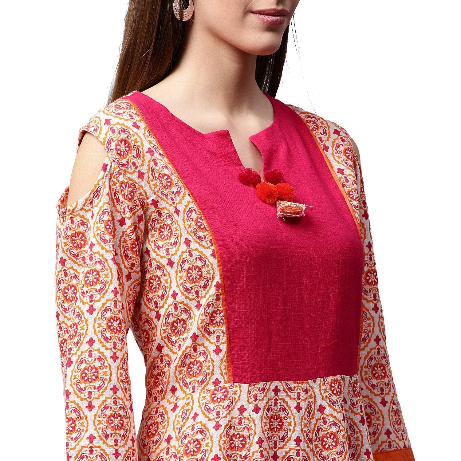 Peach Printed 3/4Th Sleeve Cold Shoulder Cotton Slub Anarkali Kurta | LASVINI - Redefining Indian Fashion with Elegance