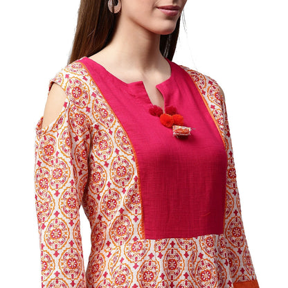 Peach Printed 3/4Th Sleeve Cold Shoulder Cotton Slub Anarkali Kurta | LASVINI - Redefining Indian Fashion with Elegance