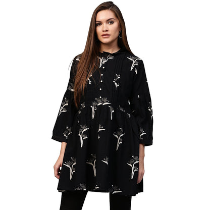 Black Printed 3/4Th Sleeve Cotton Flared Tunic | LASVINI - Redefining Indian Fashion with Elegance