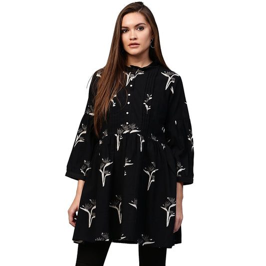 Black Printed 3/4Th Sleeve Cotton Flared Tunic | LASVINI - Redefining Indian Fashion with Elegance