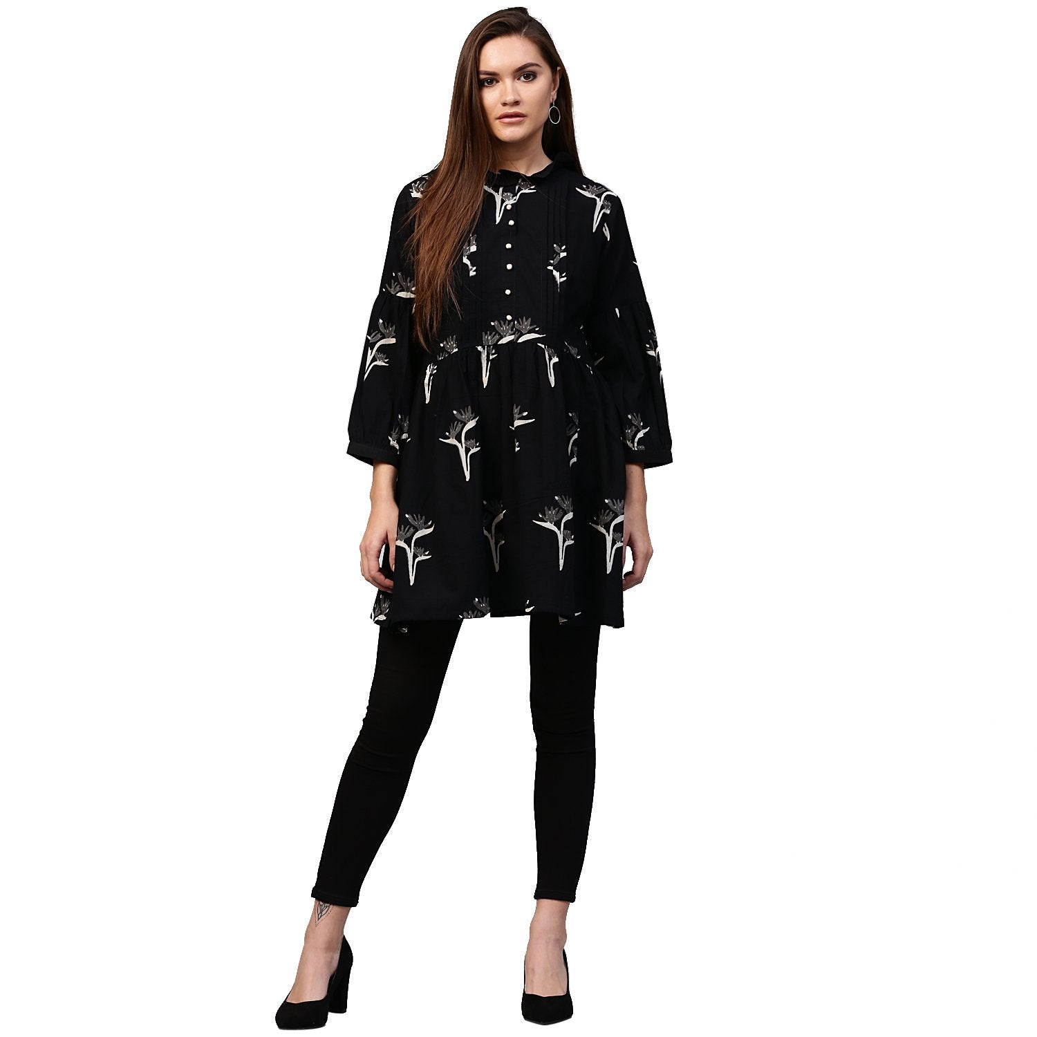 Black Printed 3/4Th Sleeve Cotton Flared Tunic | LASVINI - Redefining Indian Fashion with Elegance