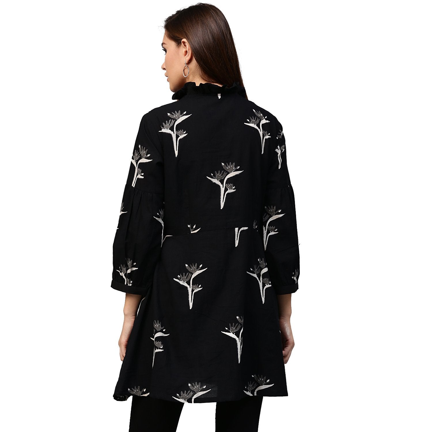 Black Printed 3/4Th Sleeve Cotton Flared Tunic | LASVINI - Redefining Indian Fashion with Elegance