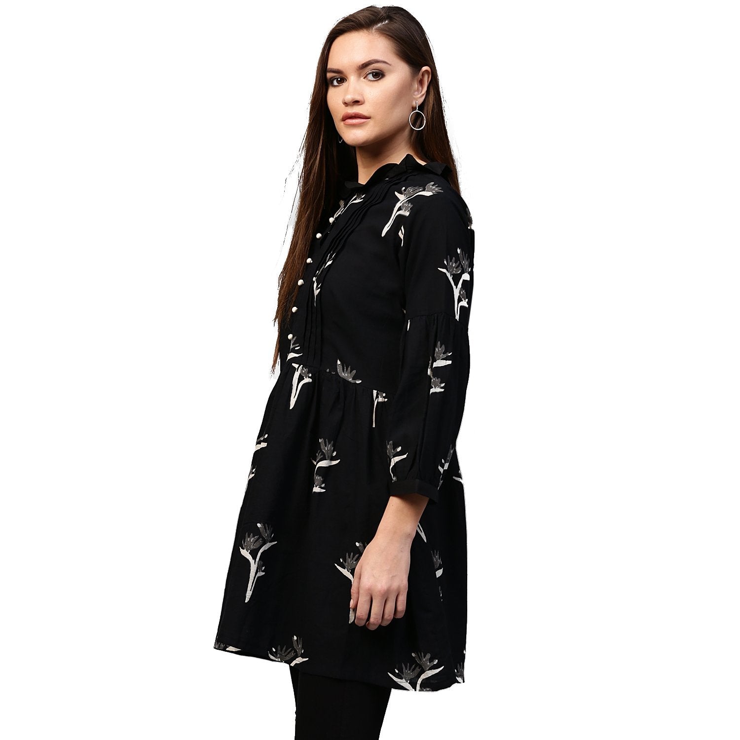 Black Printed 3/4Th Sleeve Cotton Flared Tunic | LASVINI - Redefining Indian Fashion with Elegance