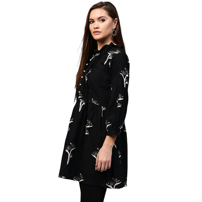 Black Printed 3/4Th Sleeve Cotton Flared Tunic | LASVINI - Redefining Indian Fashion with Elegance