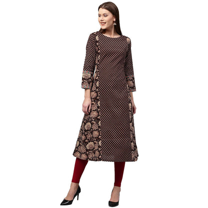 Black Printed Full Sleeve Cotton A-Line Kurta | LASVINI - Redefining Indian Fashion with Elegance