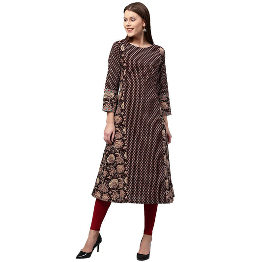 Black Printed Full Sleeve Cotton A-Line Kurta | LASVINI - Redefining Indian Fashion with Elegance