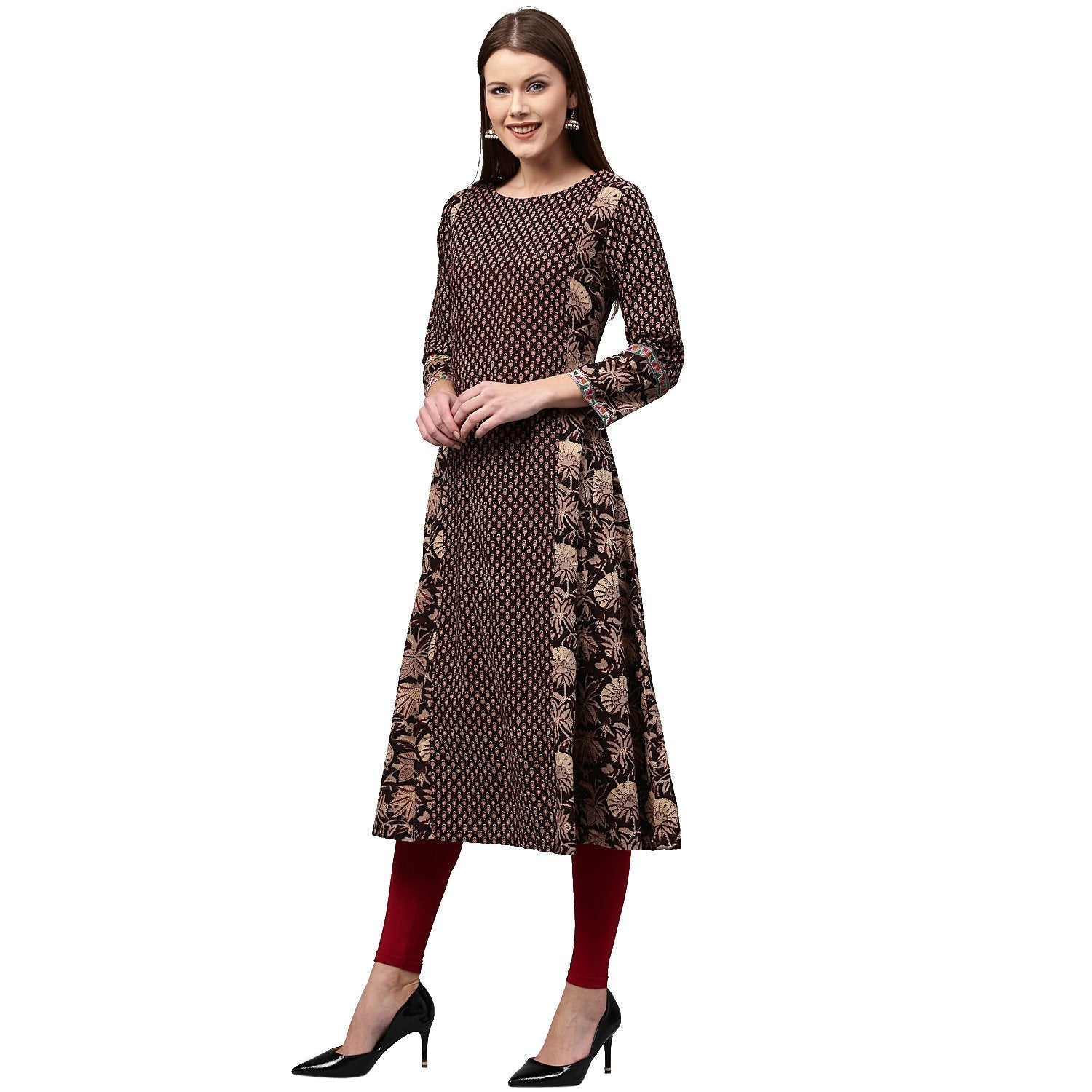 Black Printed Full Sleeve Cotton A-Line Kurta | LASVINI - Redefining Indian Fashion with Elegance
