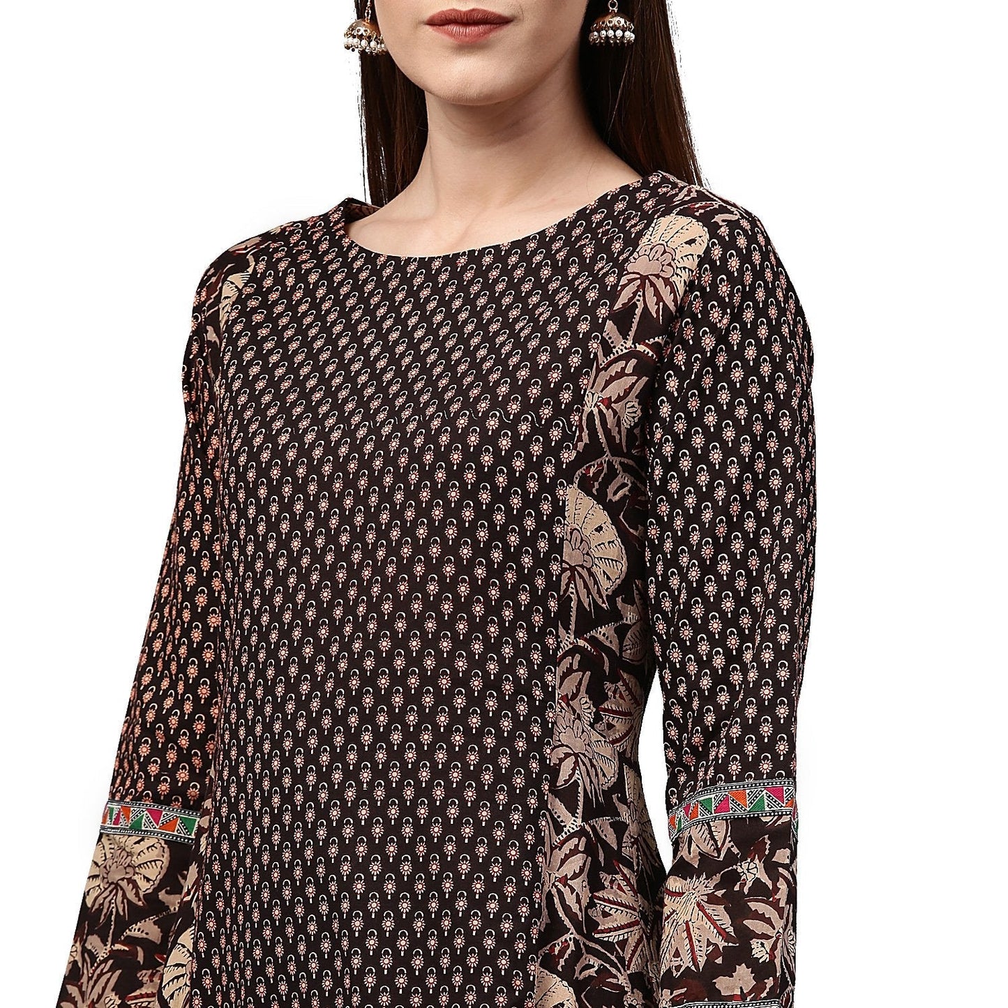 Black Printed Full Sleeve Cotton A-Line Kurta | LASVINI - Redefining Indian Fashion with Elegance