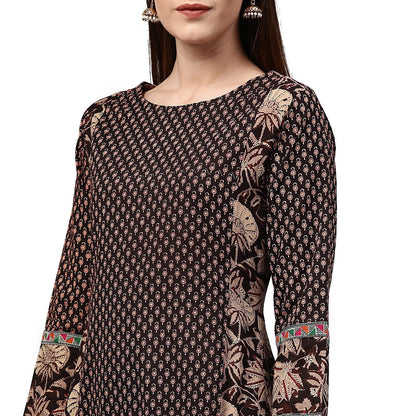 Black Printed Full Sleeve Cotton A-Line Kurta | LASVINI - Redefining Indian Fashion with Elegance