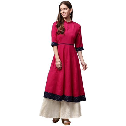 Pink 3/4Th Sleeve Cotton Slub Anarkali Kurta | LASVINI - Redefining Indian Fashion with Elegance