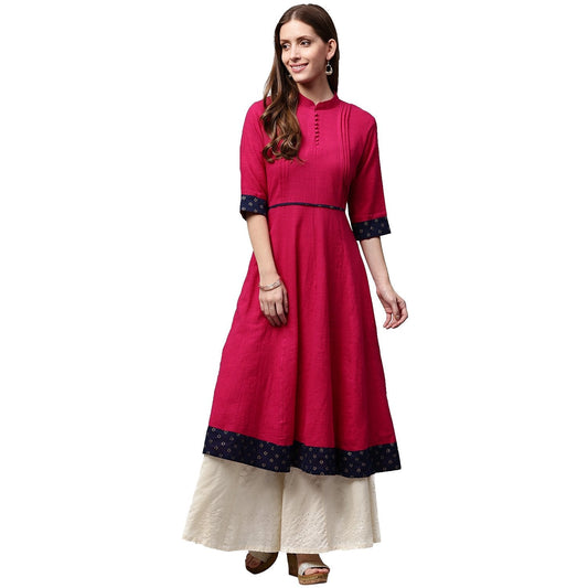 Pink 3/4Th Sleeve Cotton Slub Anarkali Kurta | LASVINI - Redefining Indian Fashion with Elegance