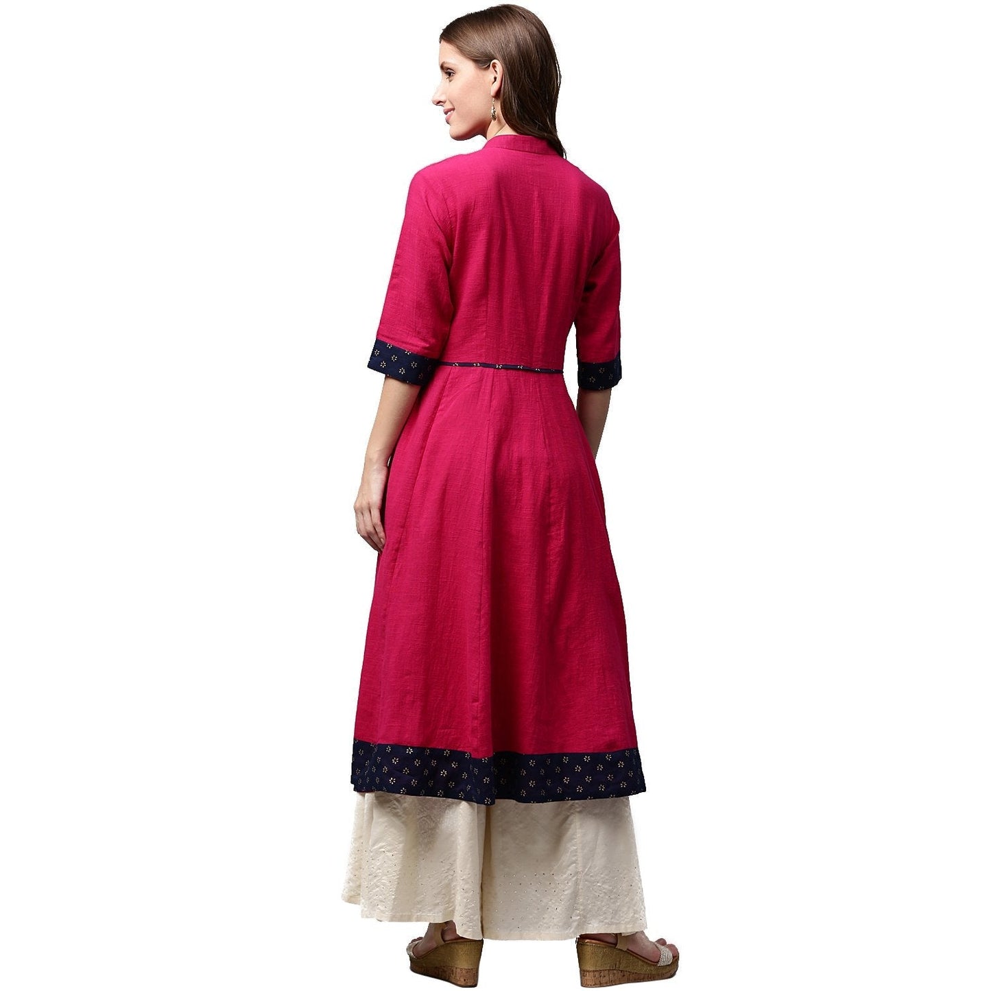 Pink 3/4Th Sleeve Cotton Slub Anarkali Kurta | LASVINI - Redefining Indian Fashion with Elegance