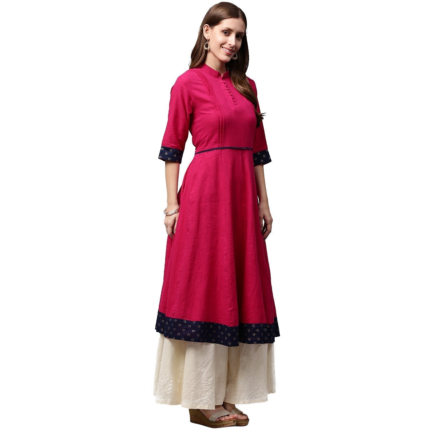 Pink 3/4Th Sleeve Cotton Slub Anarkali Kurta | LASVINI - Redefining Indian Fashion with Elegance